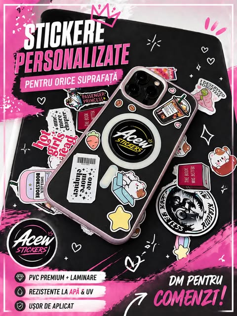 Stickere personalizate ACEW pe laptop și telefon